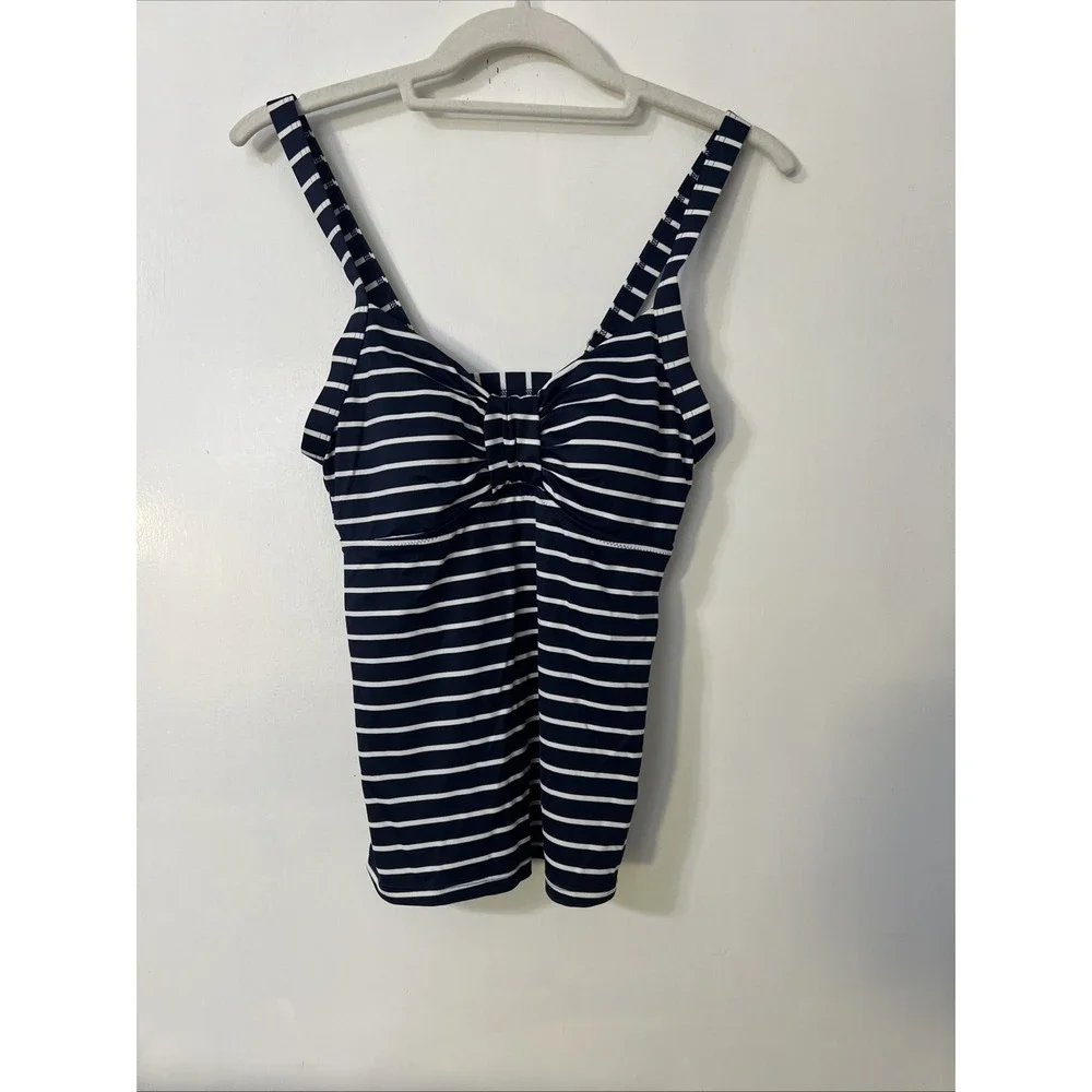 LL BEAN Navy White Stripe Tankini Top‎ Size 6 Regular Swim Beach Summer UPF 50+